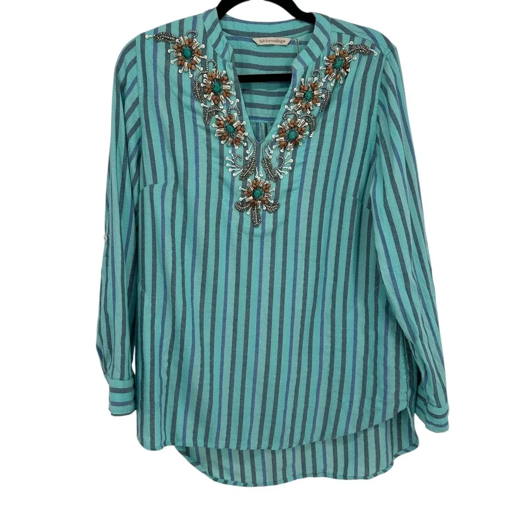 Soft Surroundings Medium Embellished Striped Long Sleeve Blouse Top Bohemian